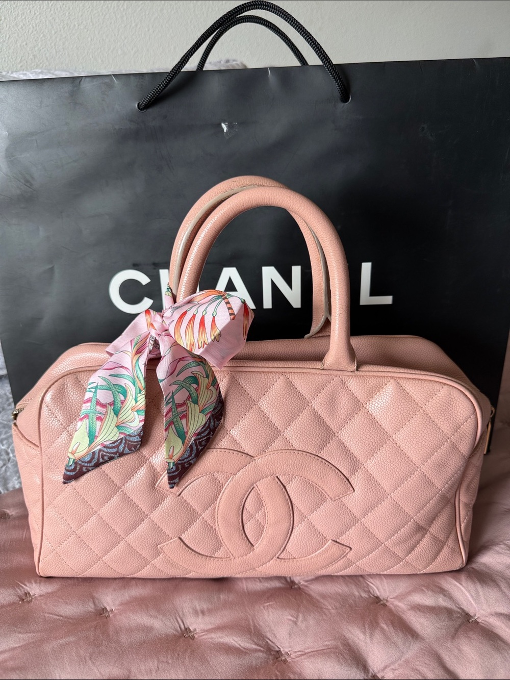 Chanel pink quilted caviar leather bowling bag